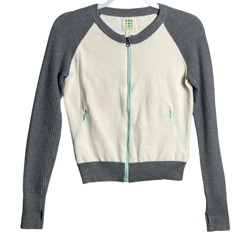 Title Nine Sz XS Full Zip Mobetta 70 Sweatshirt Thermal Sleeves Gray Cream cozy